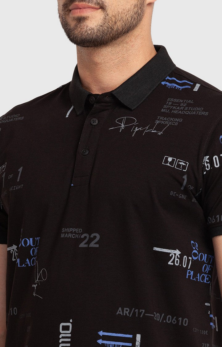 Spykar Black Cotton Half Sleeve Printed Casual Polo T-shirt For Men