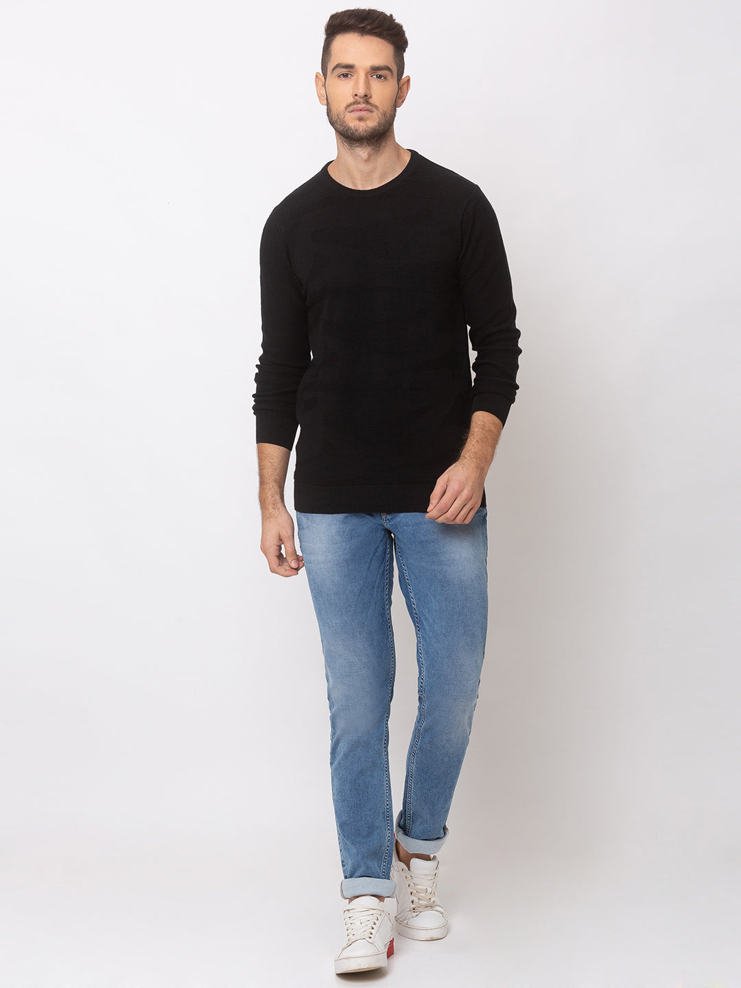 Spykar Men Black Cotton Regular Fit Sweater