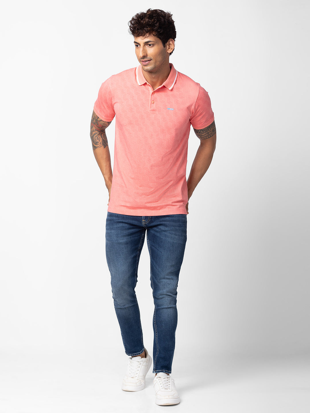 Spykar Men Peach Pink Cotton Regular Fit Half Sleeve Printed Polo T-Shirt