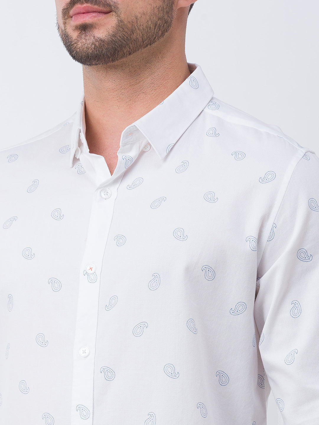 Spykar White Cotton Full Sleeve Printed Shirt For Men