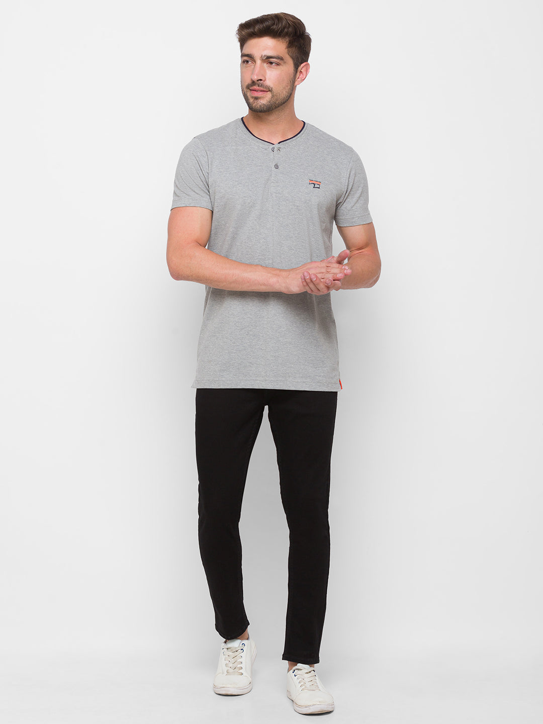 Spykar Men Grey Cotton Regular Round Neck T-Shirt