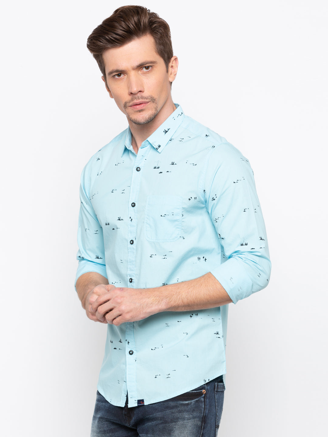 Spykar Men Aqua Printed Slim Fit Casual Shirt