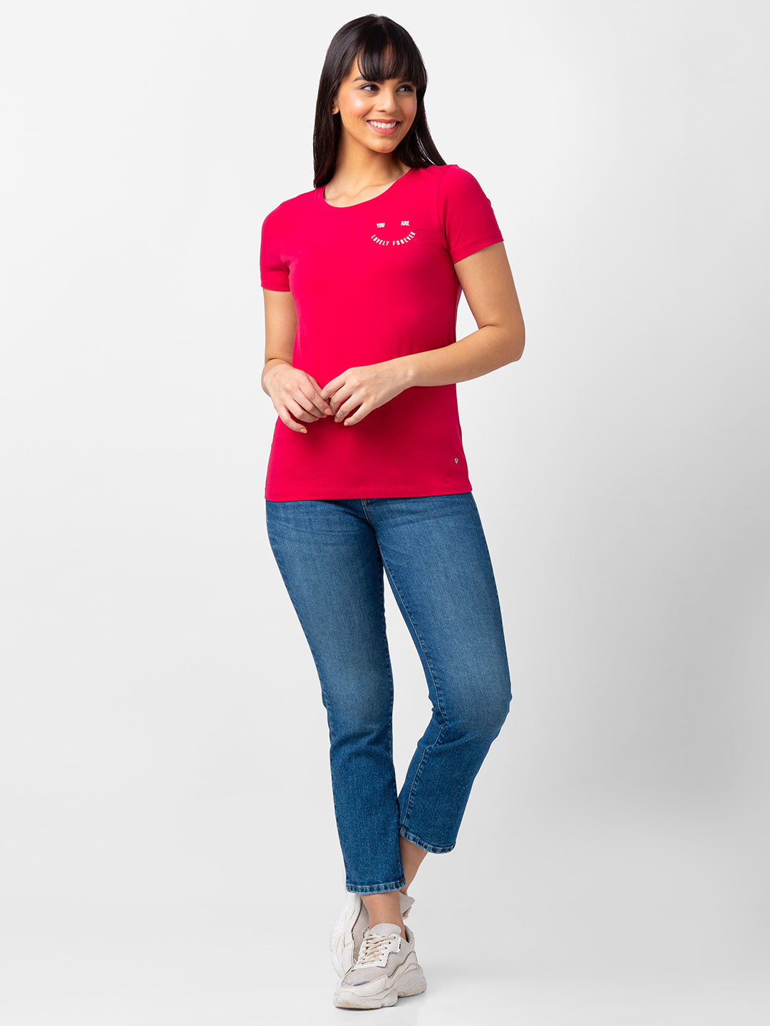 Spykar Women Rosebud Blended Regular Fit Half Sleeve Solid Tshirt