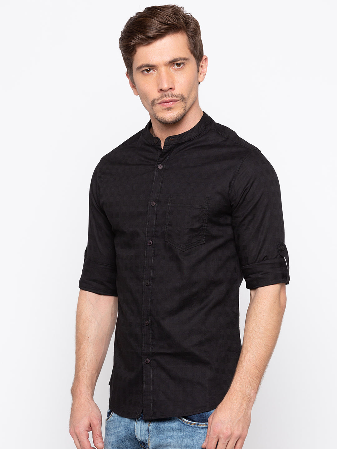 Spykar Black Cotton Regular Fit Shirts For Men