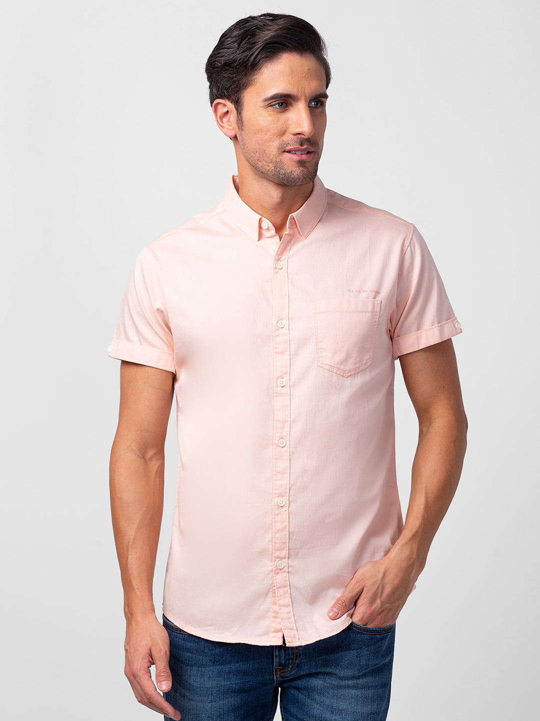 Spykar Men Peach Cotton Slim Fit Plain Shirt