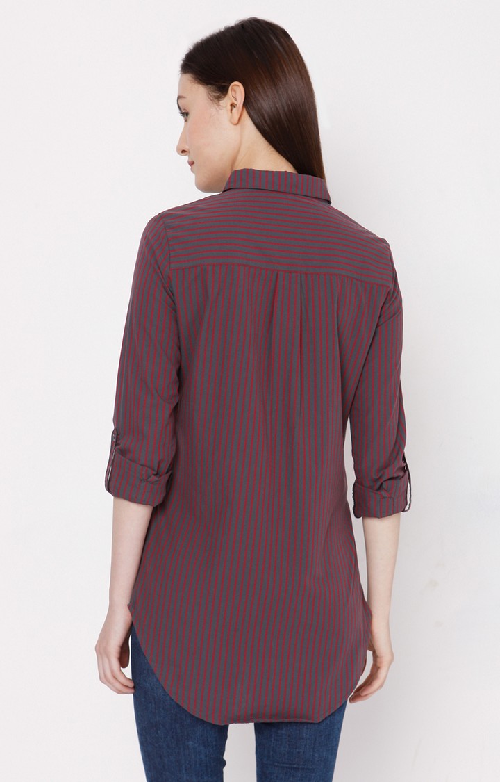 Spykar Women Mauve Cotton Regular Fit Striped Shirt