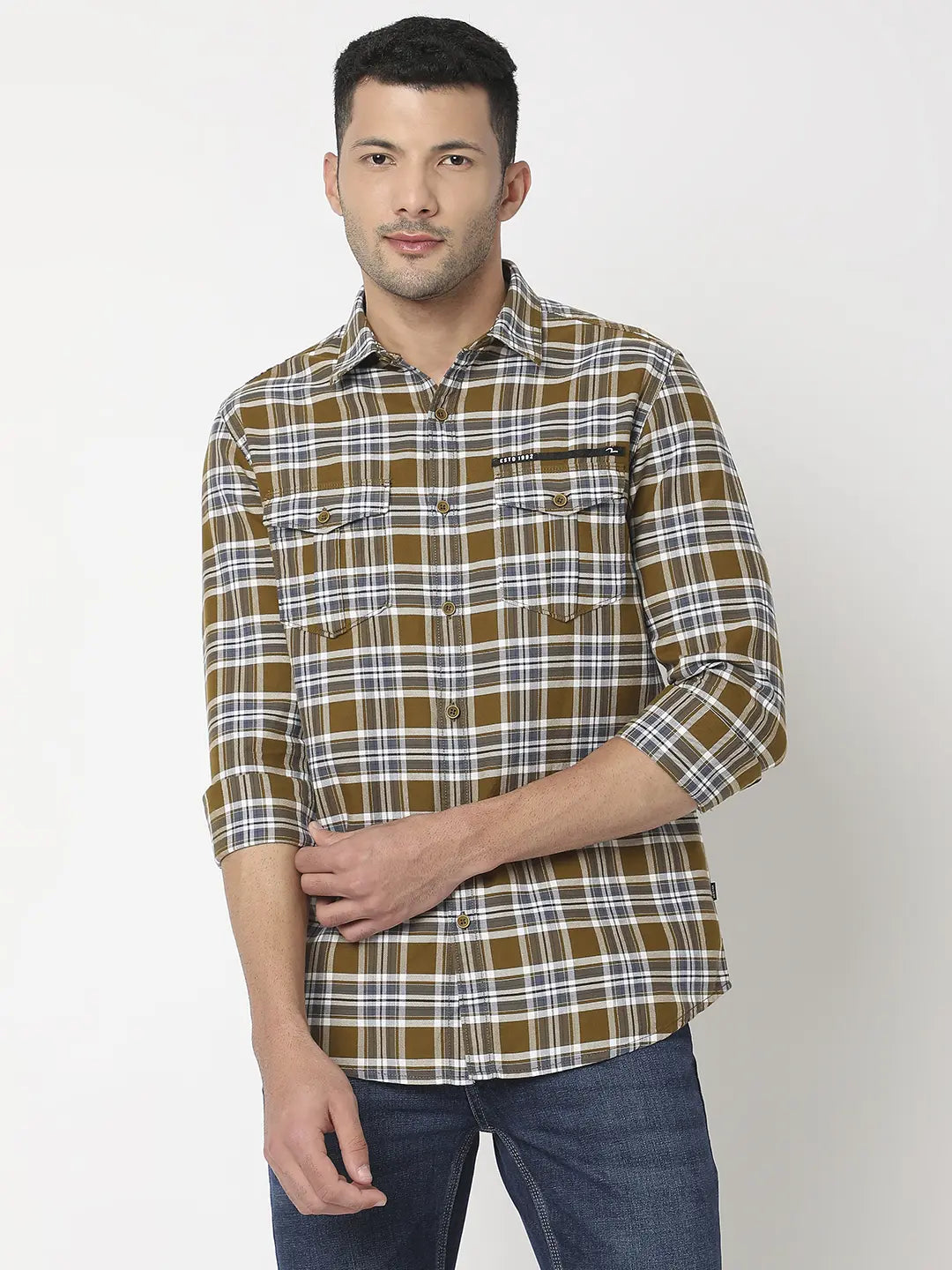 Spykar Men Moss Green Cotton Slim Fit Checkered Shirt