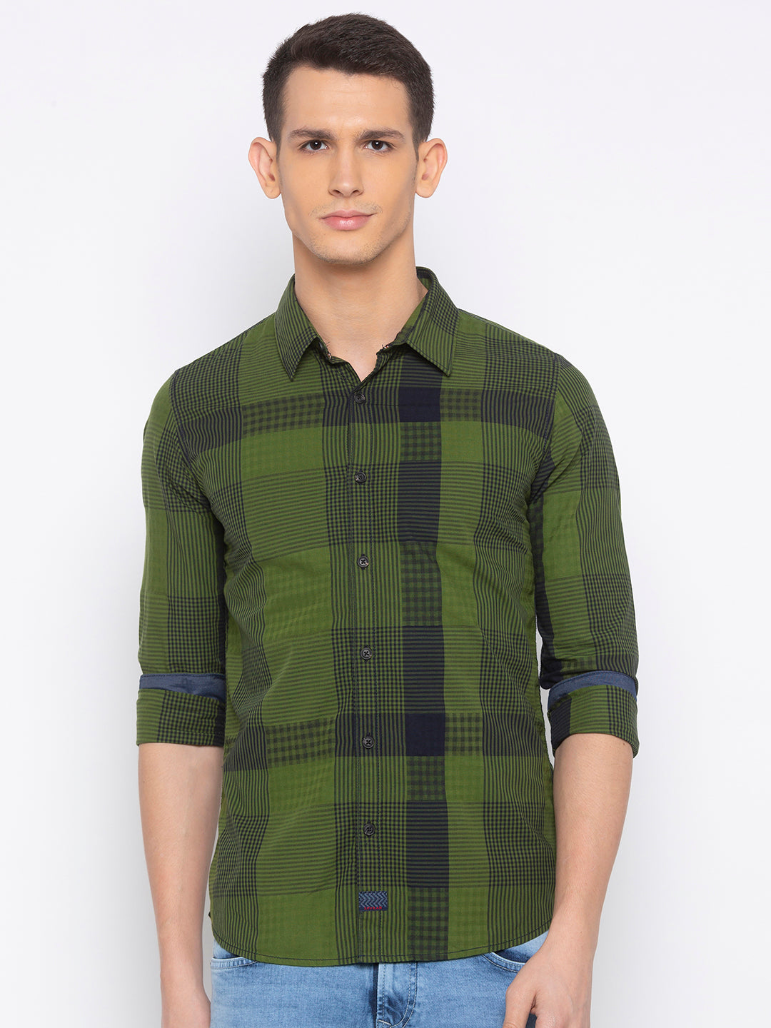 Spykar Men Green Checked Slim Fit Casual Shirt