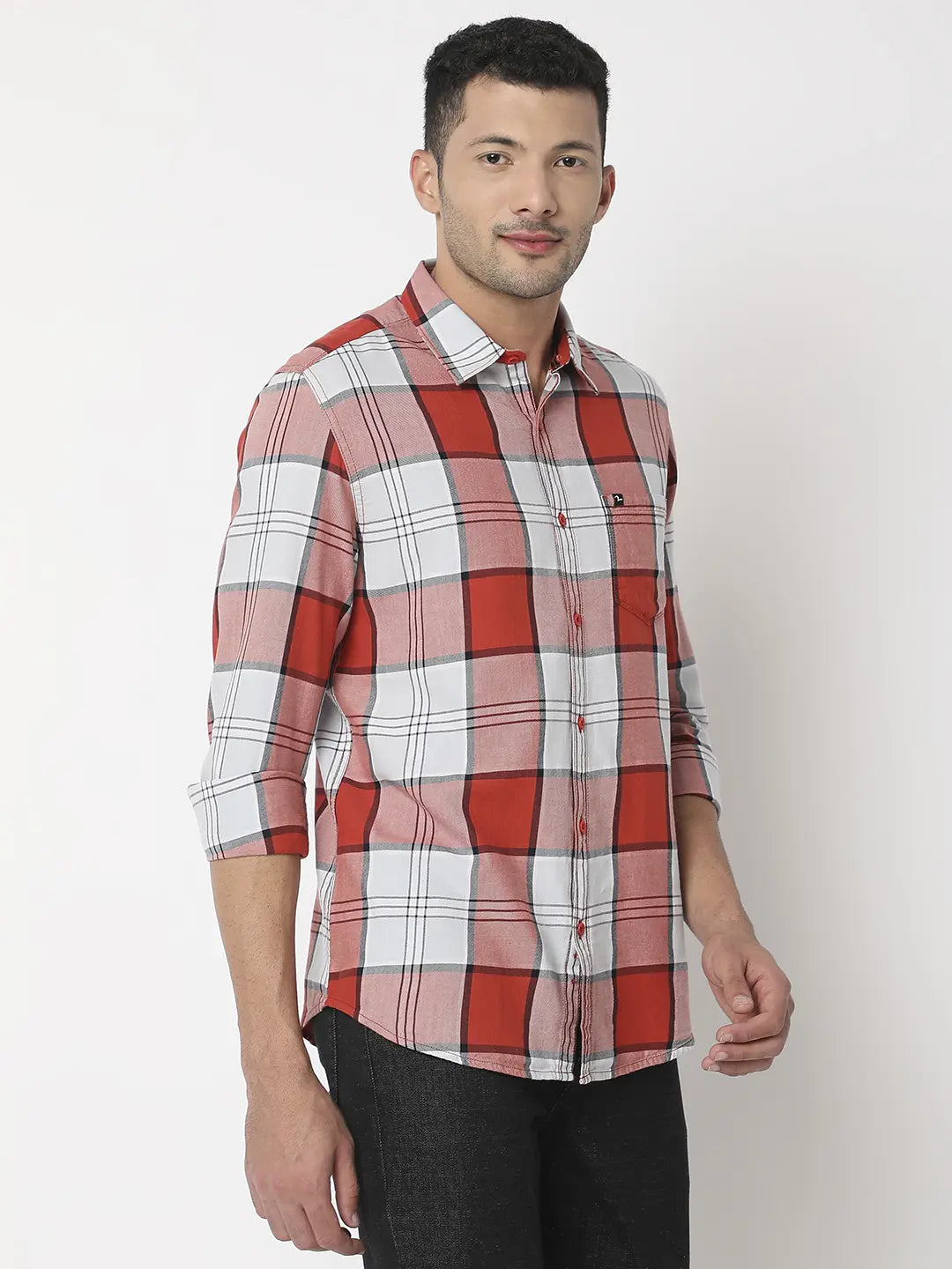 Spykar Men Brick Red Cotton Slim Fit Checkered Shirt