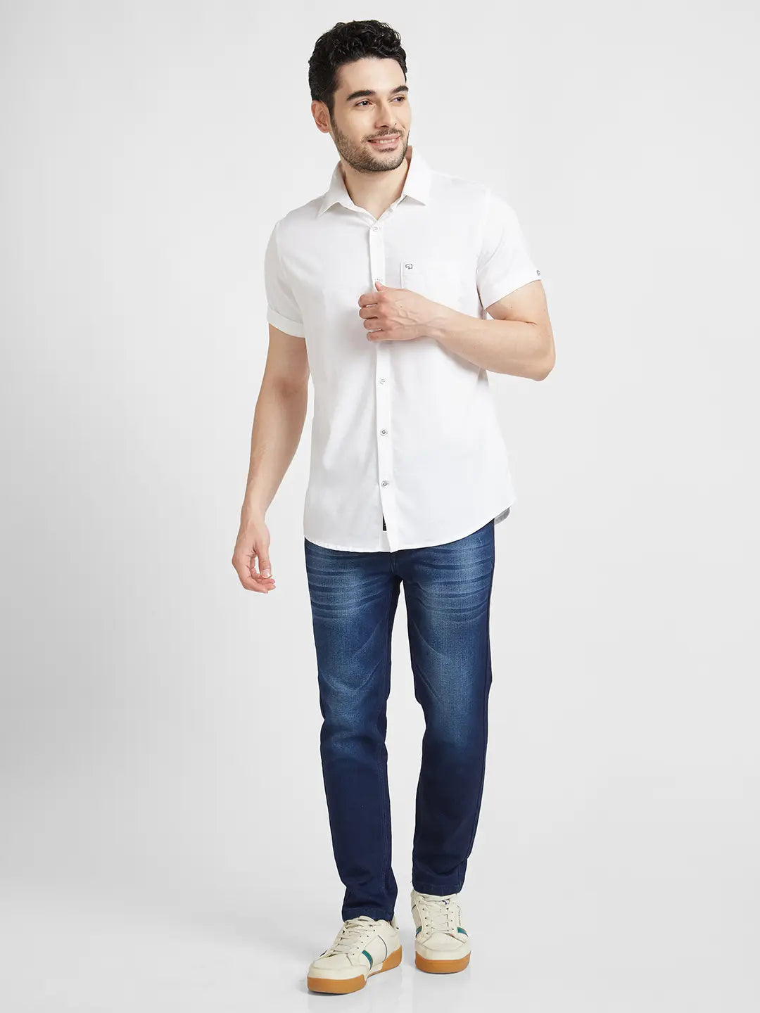 Spykar Men White Dyed Regular Slim Fit Half Sleeve Plain Shirt