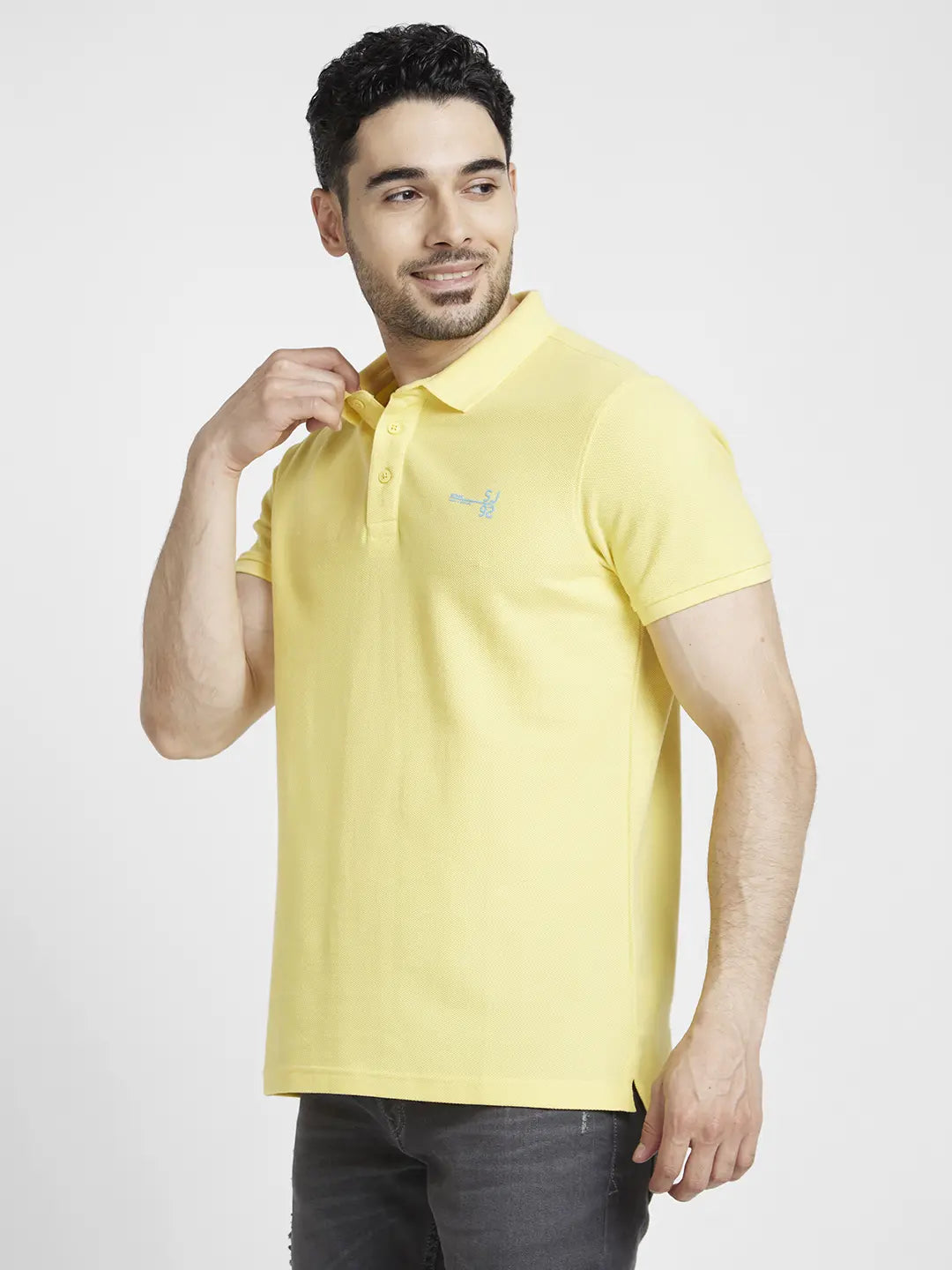 Spykar Men Yellow Cotton Slim Fit Plain Polo Tshirt