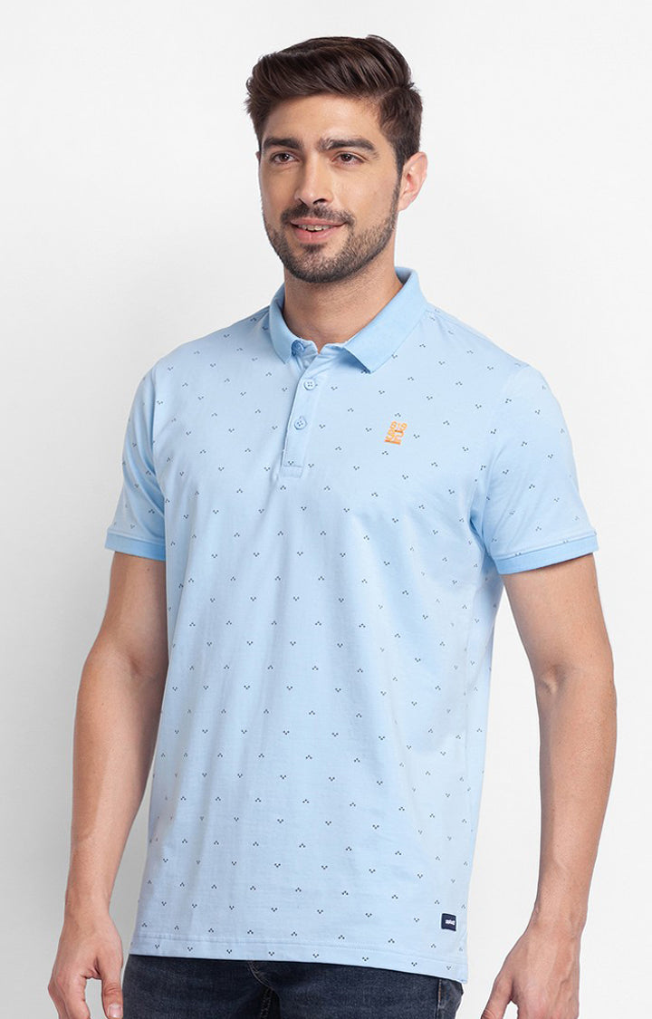 Spykar Powder Blue Cotton Half Sleeve Printed Casual Polo T-Shirt For Men