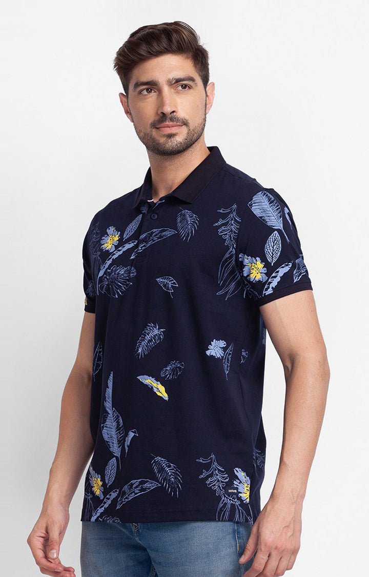 Spykar Navy Blue Cotton Half Sleeve Printed Casual Polo T-Shirt For Men