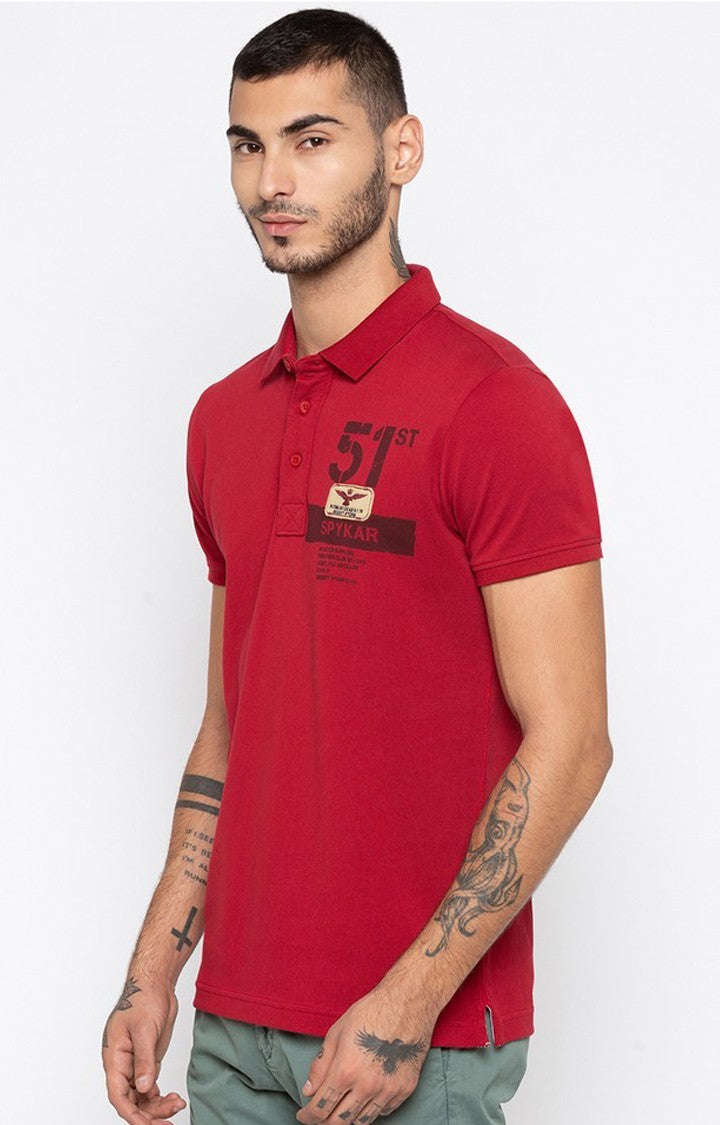 Spykar Red Printed Slim Fit Polo T-Shirt