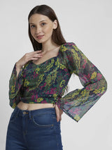 Spykar Women Green Chiffon Slim Fit Full Sleeve V-Neck Printed Crop Top