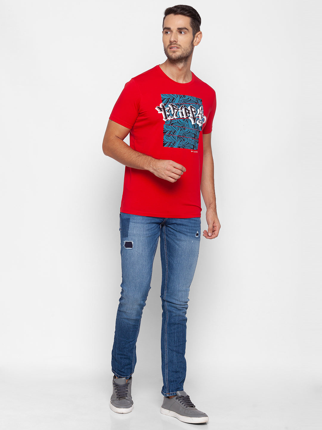 Spykar Men Red Cotton Slim Fit Round Neck T-Shirt