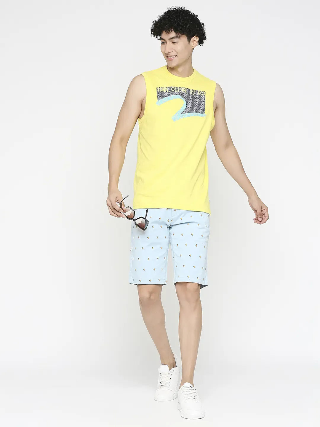 Spykar Men Sky Blue Cotton Slim Fit Printed Shorts