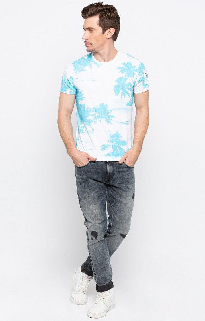 Spykar Sky Blue Printed Slim Fit Men T-Shirts