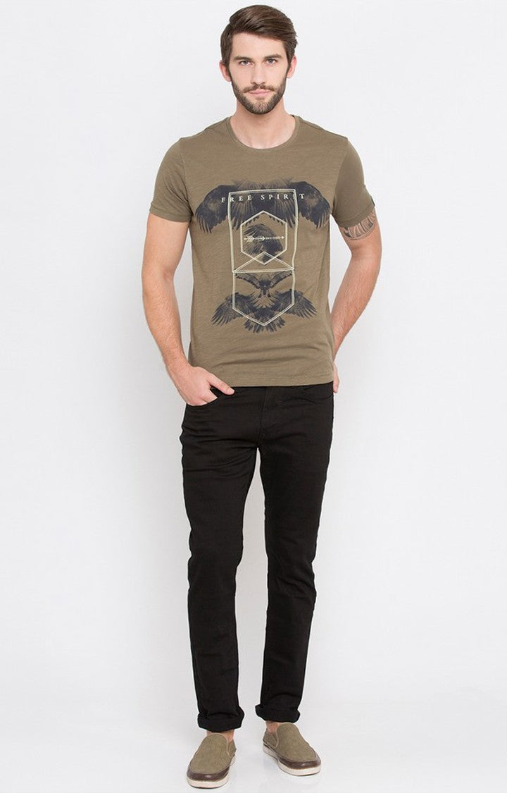 Spykar Green Printed Slim Fit Men T-Shirts