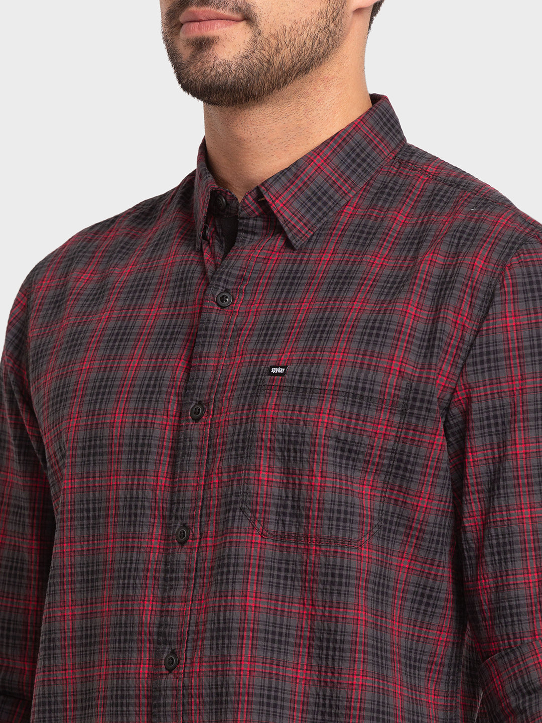 Spykar Dark Grey Cotton Full Sleeve Checks Shirt For Men