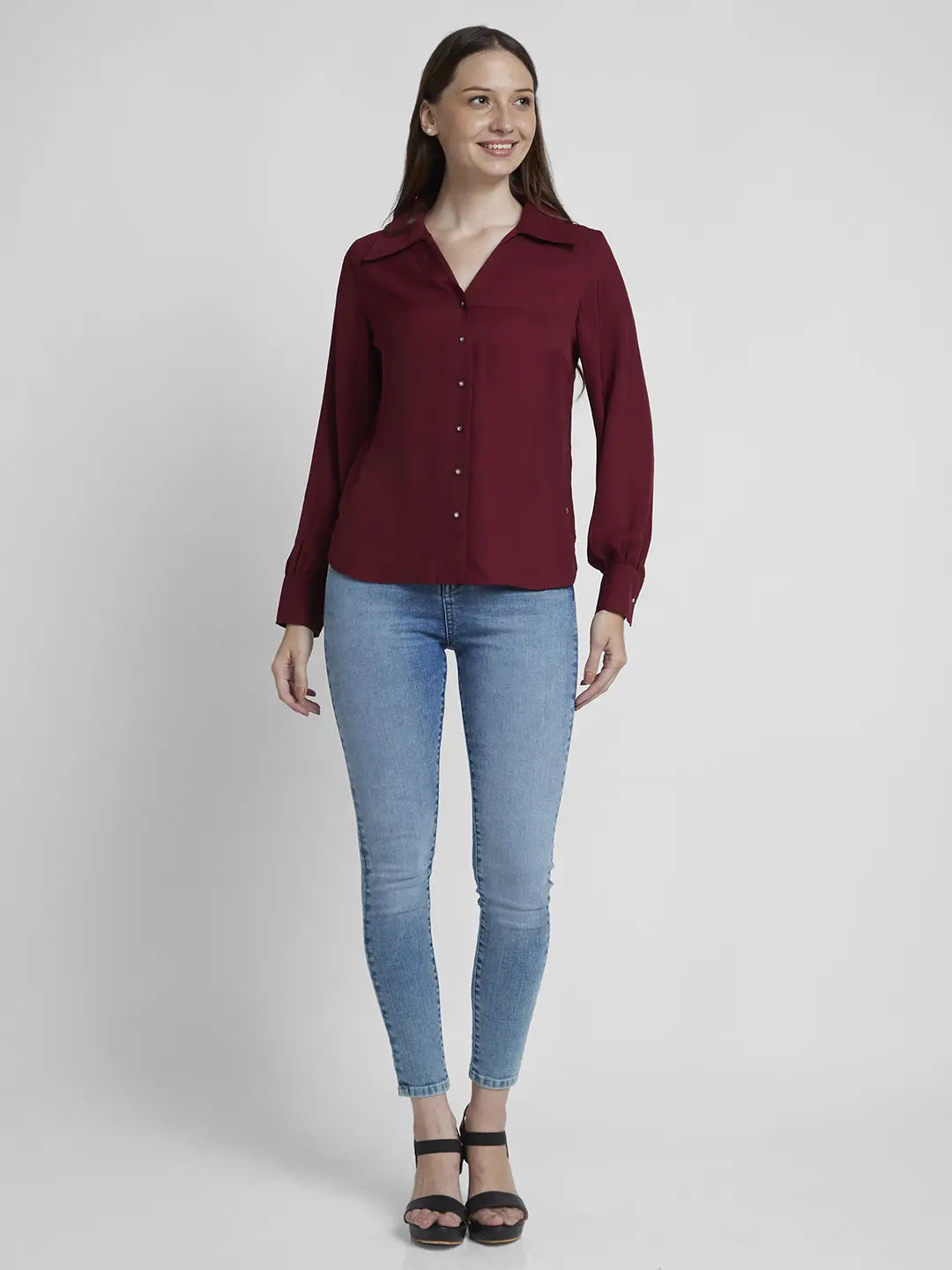 Spykar Women Dark Red Polyester Regular Fit Full Sleeve Plain Shirt