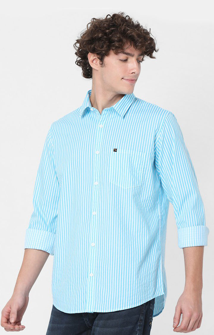 Spykar Slim Fit Blue Striped Full Sleeve Shirts For Men