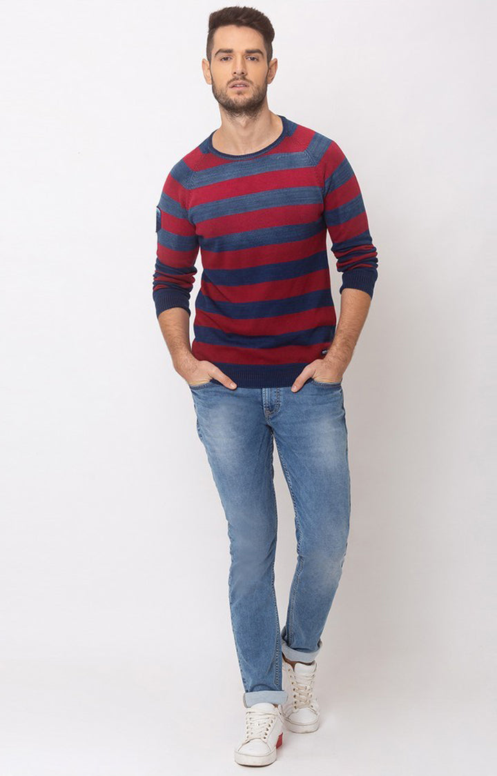 Spykar Men Blue & Pink Round Neck Full Sleeve Sweater