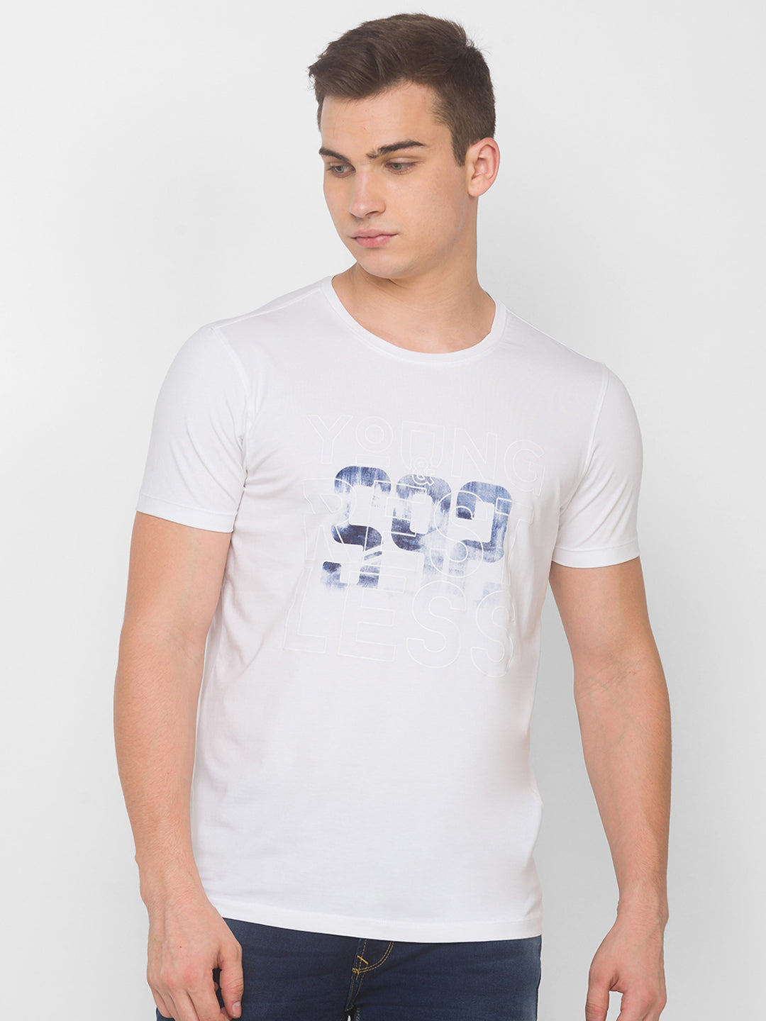 Spykar Men White Cotton Slim Fit Round Neck T-Shirt