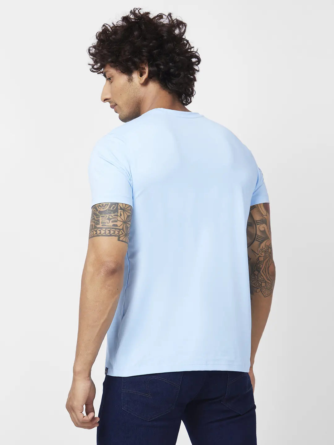 Spykar Men Powder Blue Blended Slim Fit Half Sleeve Round Neck Printed Tshirt