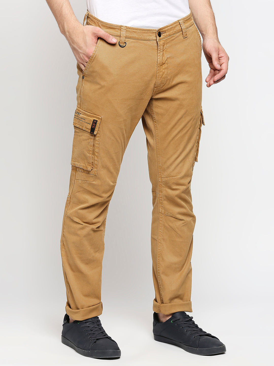 Spykar Men Camel Khaki Solid Slim Mid-Rise Trousers