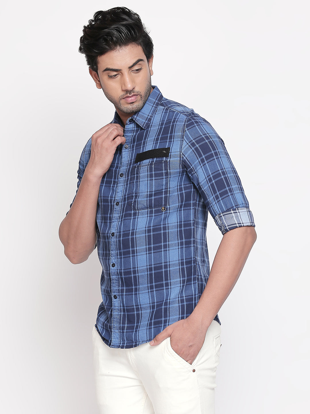 Spykar Men Blue Checked Slim Fit Casual Shirt