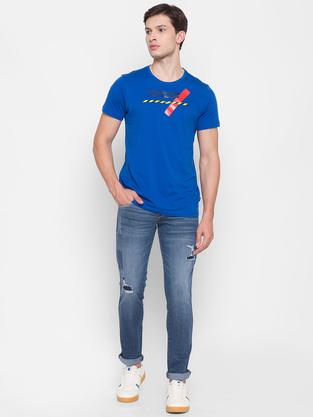 Spykar Men Blue Cotton Slim Fit Round Neck T-Shirt