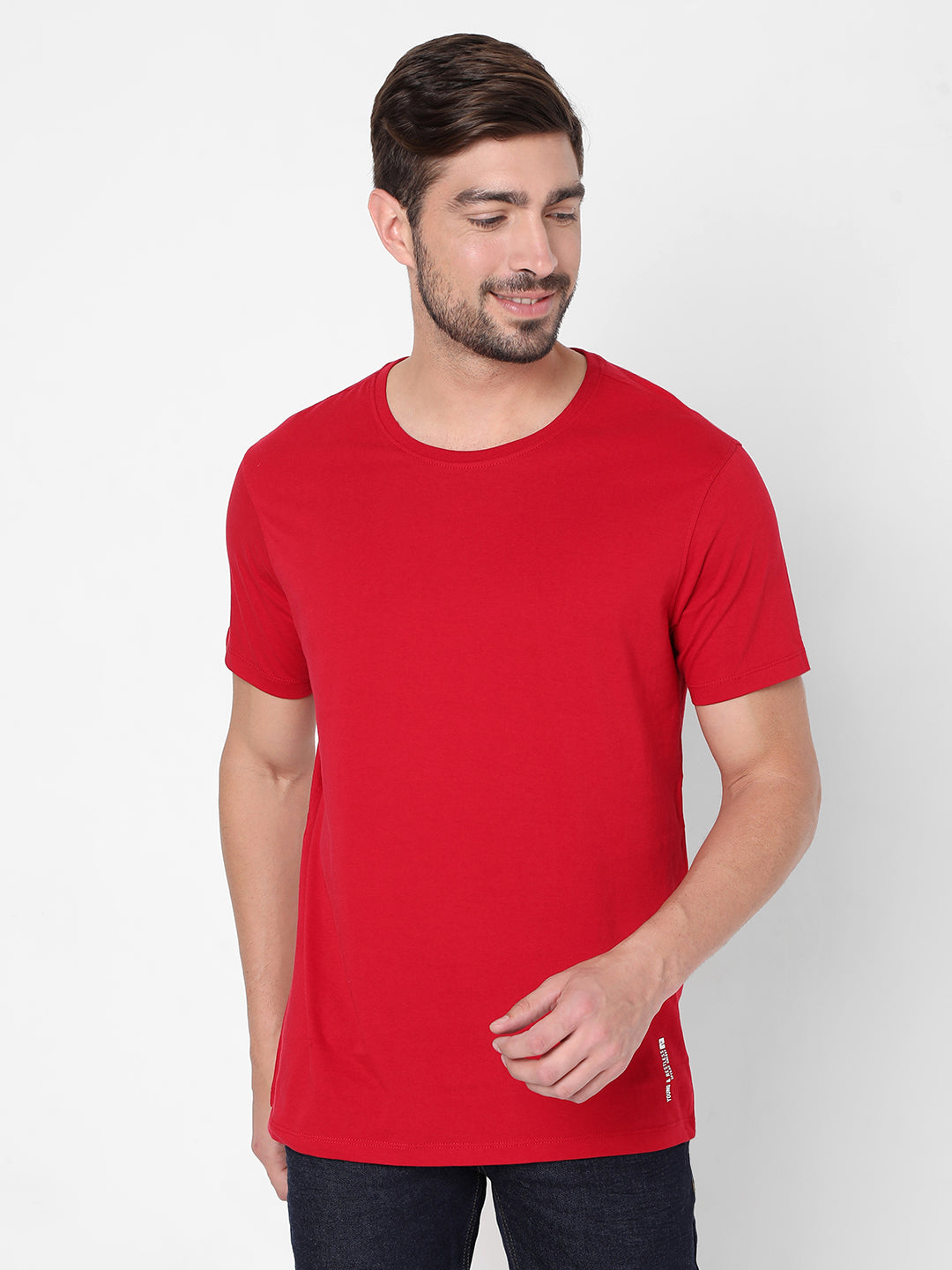 Spykar Men Red Cotton Slim Fit Round Neck T-Shirt