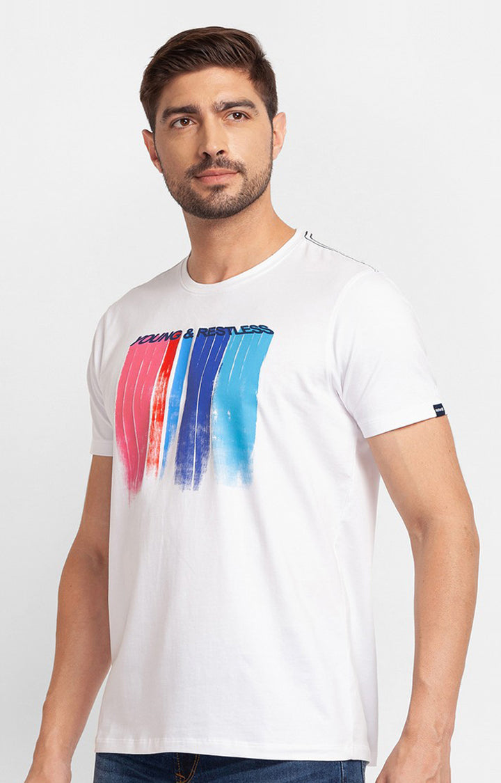 Spykar White Cotton Half Sleeve Printed Casual T-Shirt For Men