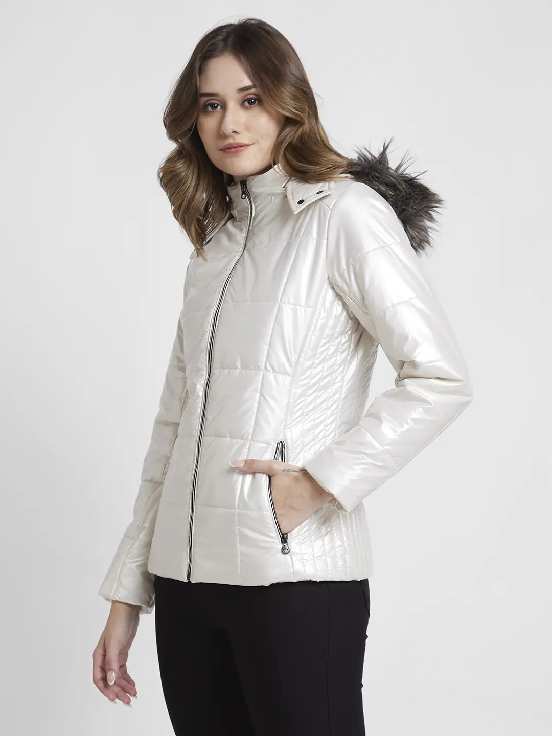 Spykar Women White Regular Fit High Neck Plain Jacket