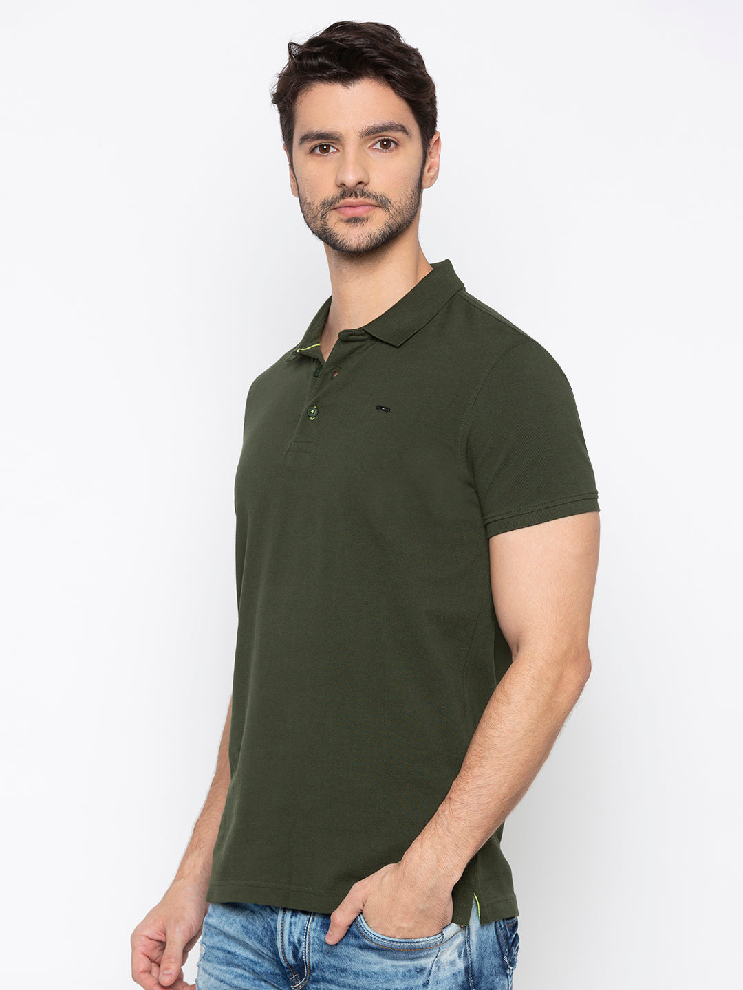 Spykar Men Green Cotton Slim Fit Polo T-Shirt