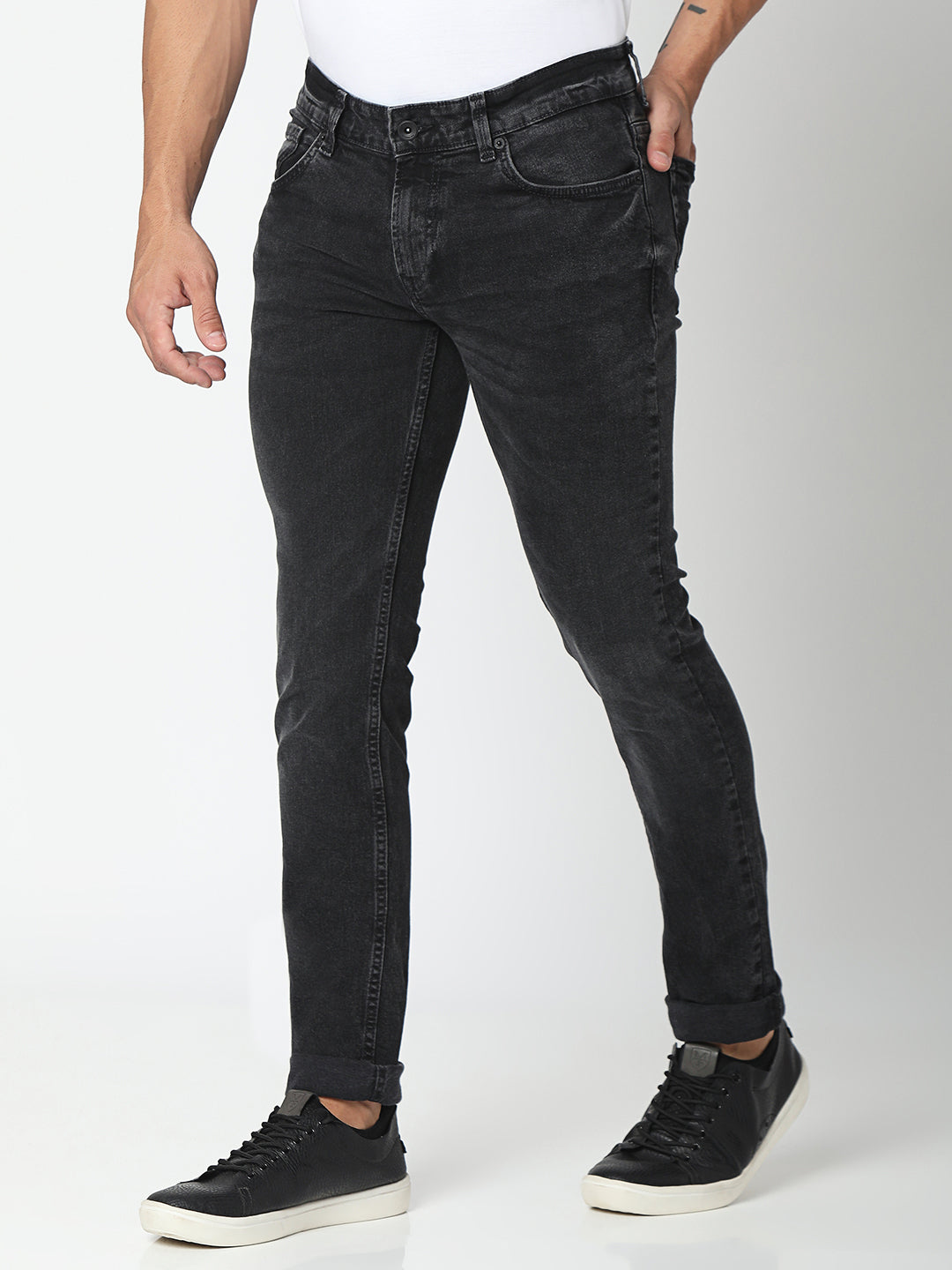 Spykar Charcoal Black Slim Fit Narrow Length Jeans For Men (Skinny)