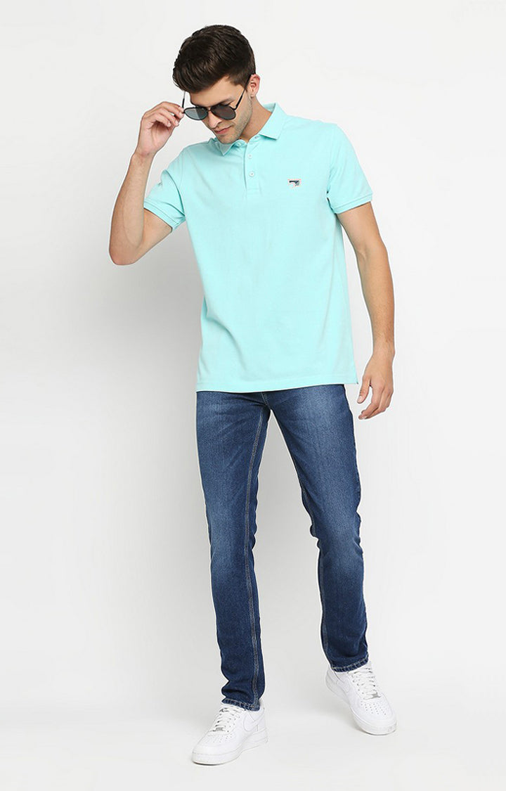 Spykar Men Blue Cotton Printed Half Sleeve Polo T-Shirt