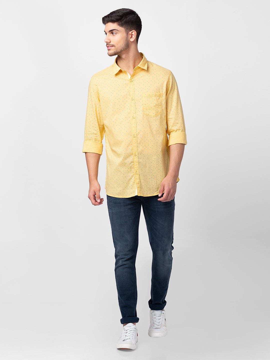 Spykar Men Chrome Yellow Cotton Slim Fit Printed Shirt