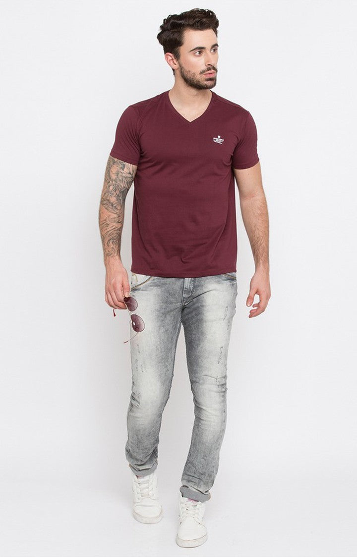 Spykar Wine Solid Slim Fit Men T-Shirts