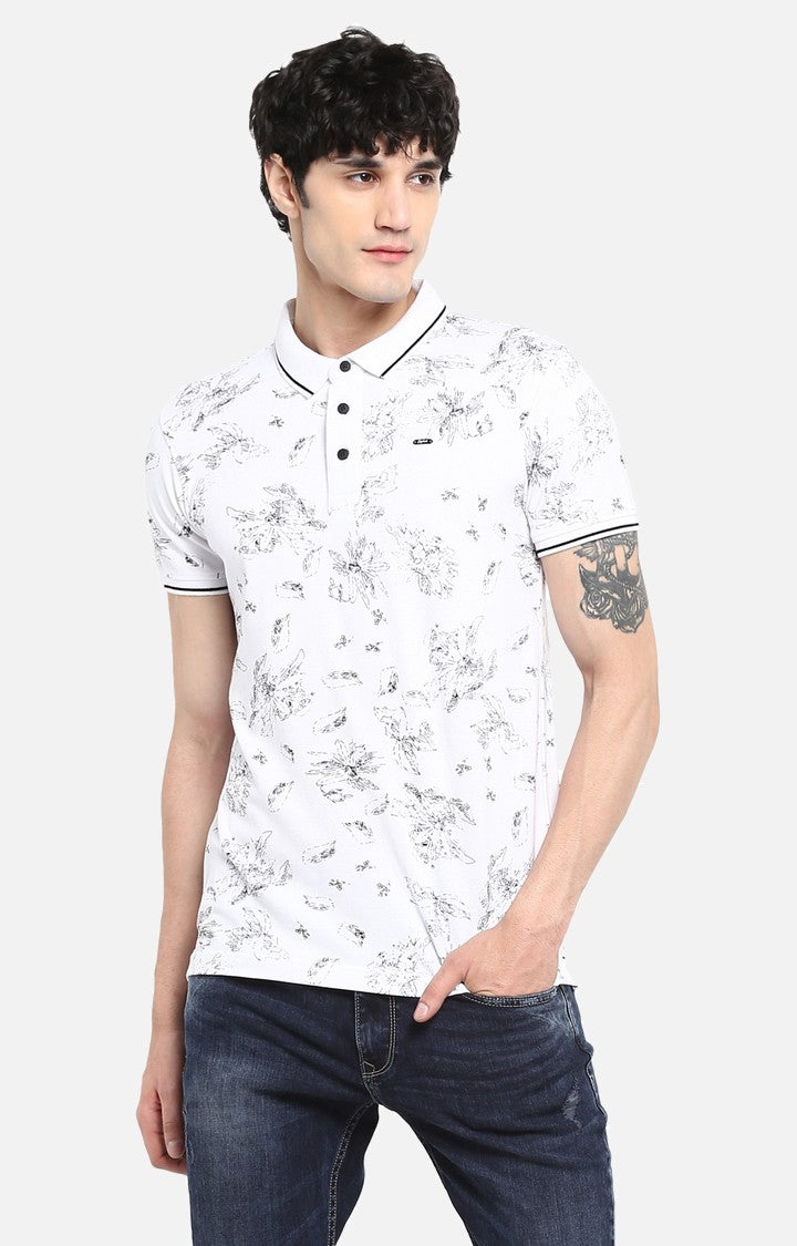 Spykar White Printed Slim Fit Polo T-Shirt