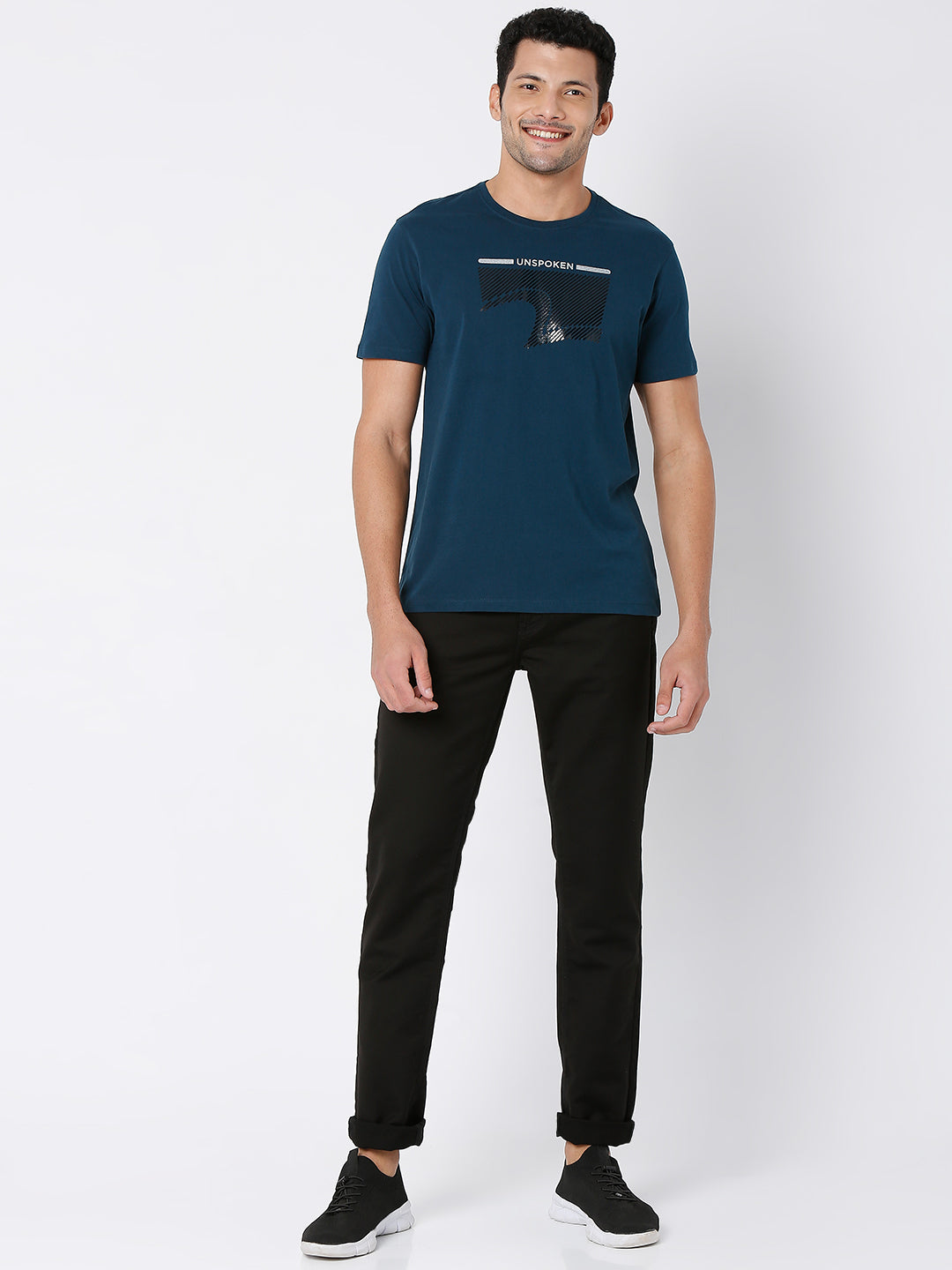 Spykar Teal Blue Cotton Half Sleeve Printed Casual T-shirt For Men