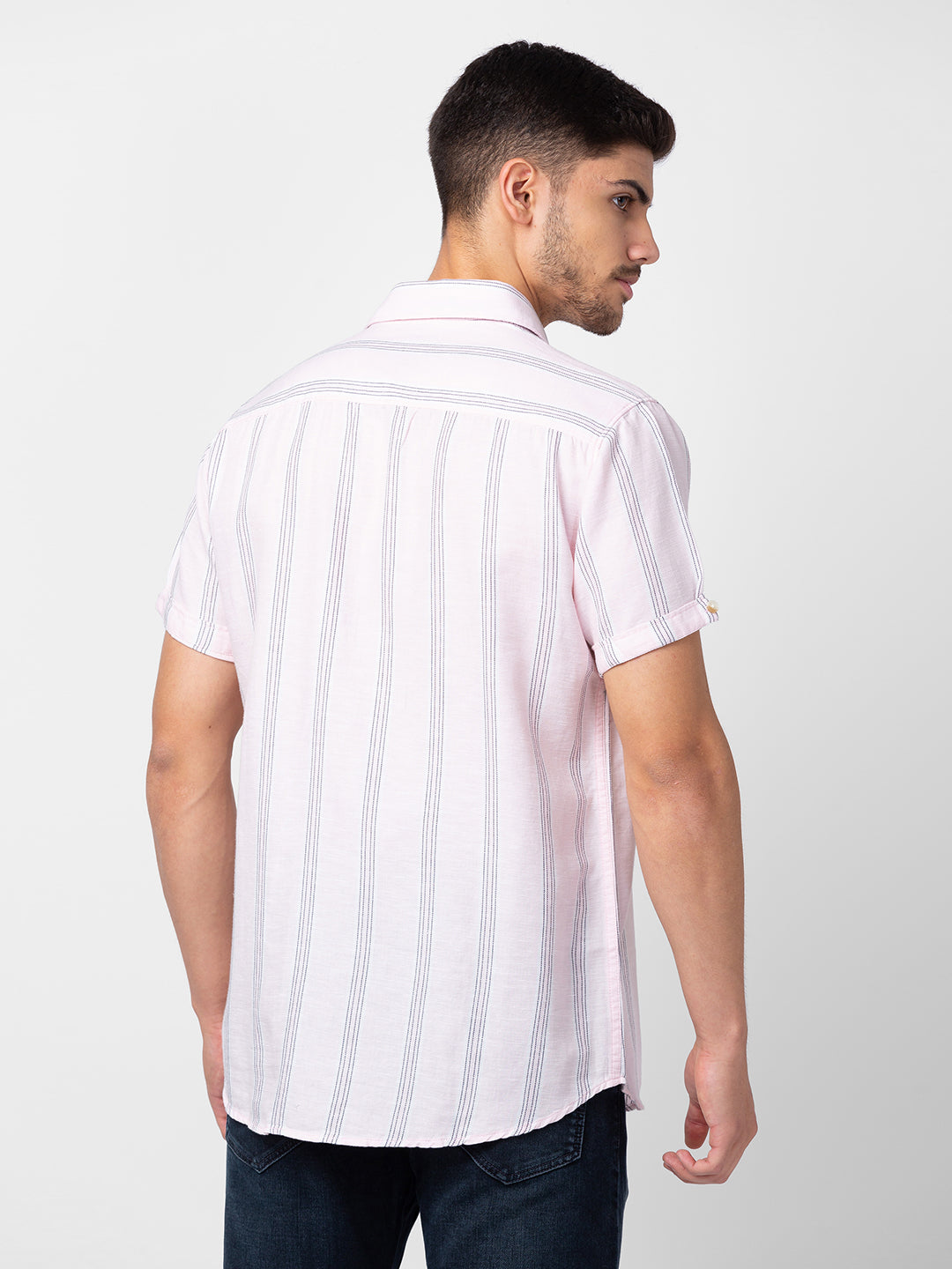 Spykar Men Light Peach Cotton Slim Fit Striped Shirt