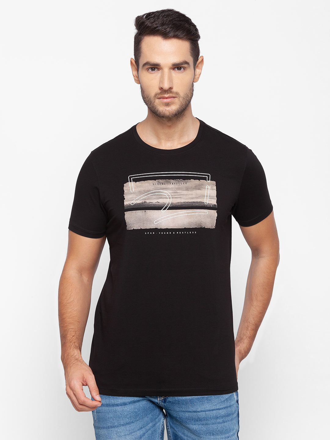 Spykar Men Black Cotton Slim Fit Round Neck T-Shirt