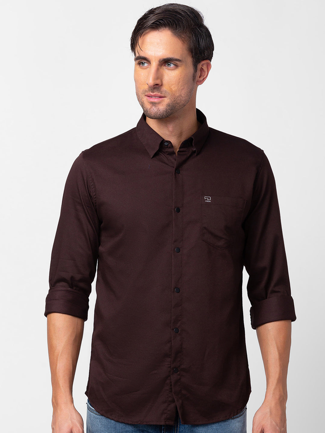 Spykar Men Coffee Brown Cotton Slim Fit Plain Shirt