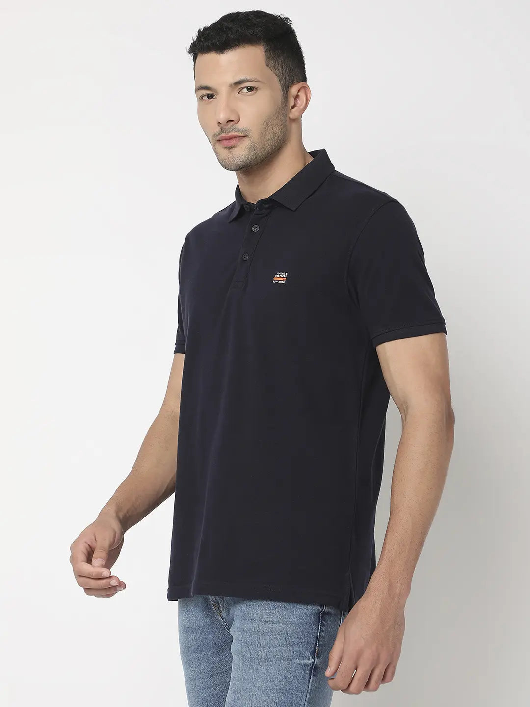 Spykar Men Navy Blue Cotton Regular Fit Plain Polo Tshirt