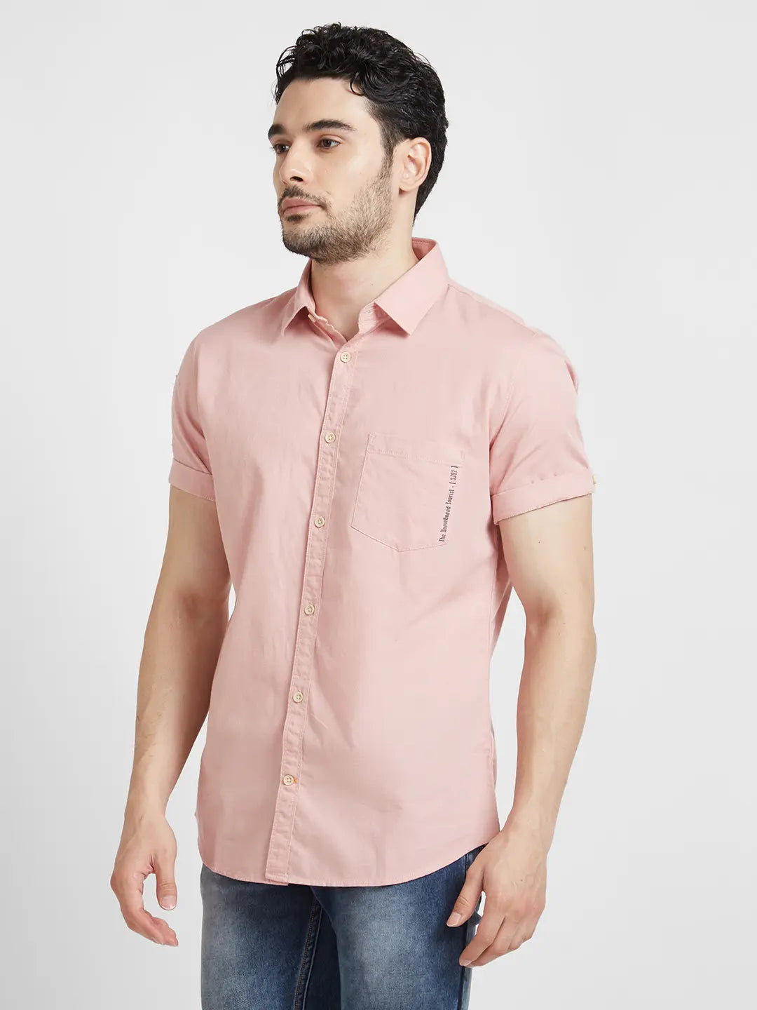 Spykar Men Dusty Pink Twill Regular Slim Fit Half Sleeve Plain Shirt