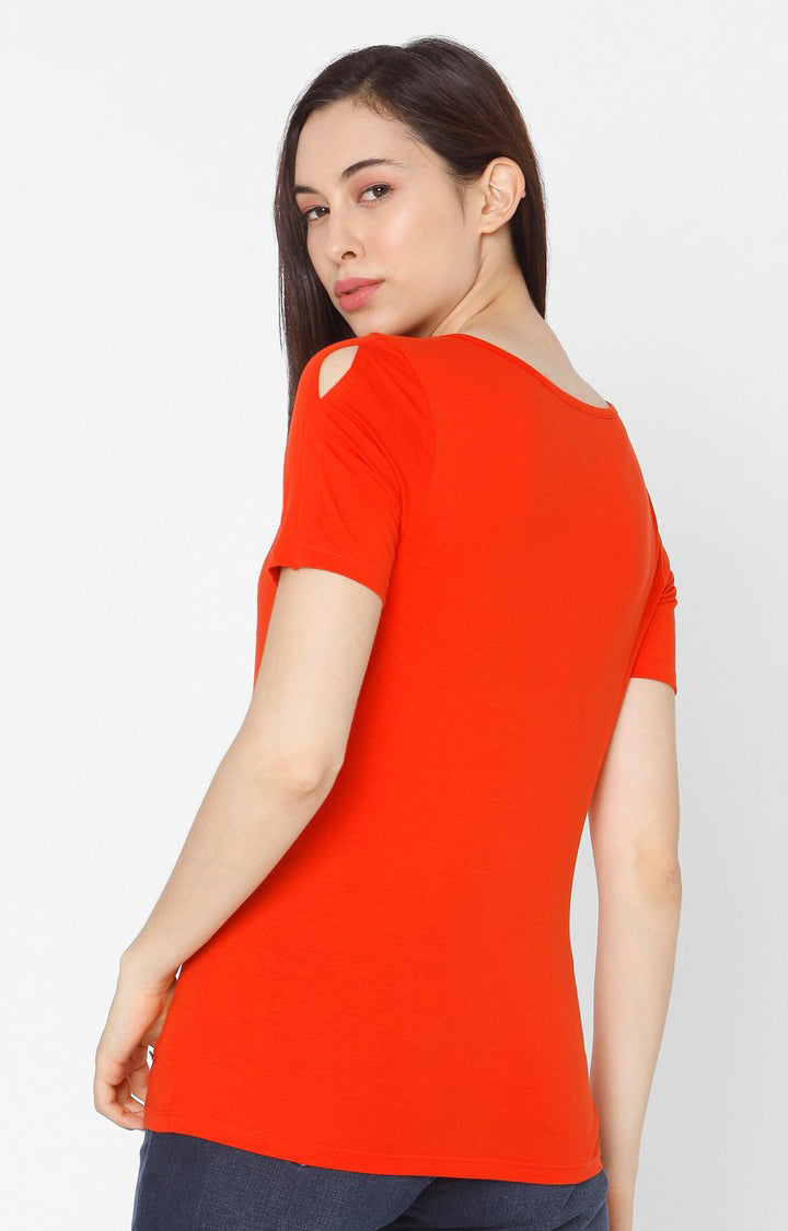 Spykar Women Orange Cotton Slim Fit Round Neck T-Shirt