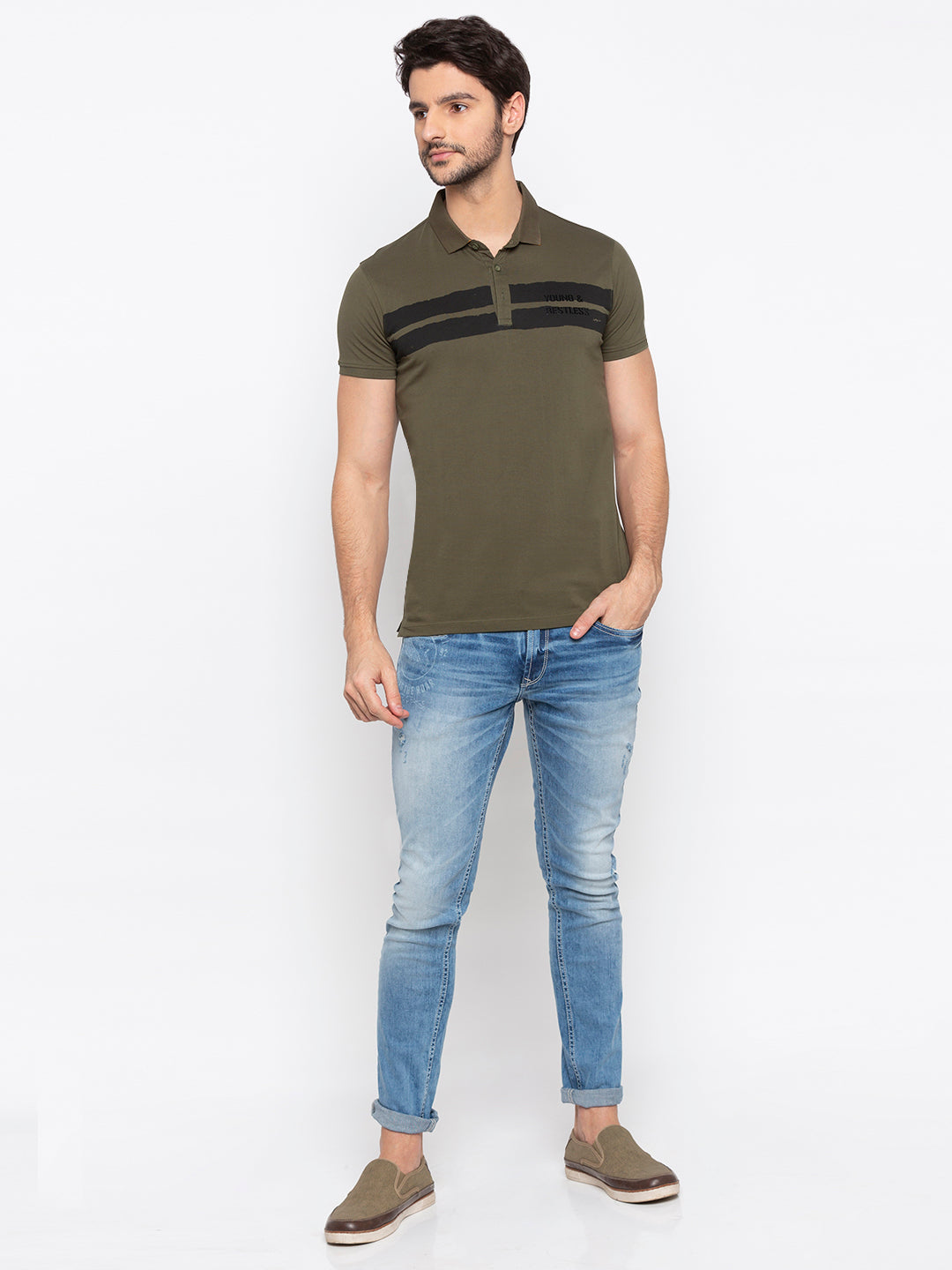 Spykar Men Green Cotton Slim Fit Polo T-Shirt