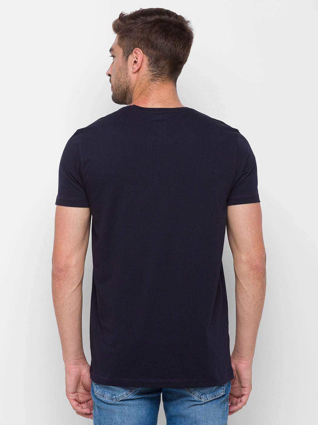 Spykar Men Navy Cotton Slim Fit Round Neck T-Shirt